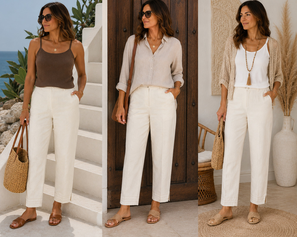 VTG Evan Picone ankle Dress Pants linen blend bottom Ivory embroidered hem Sz-XL